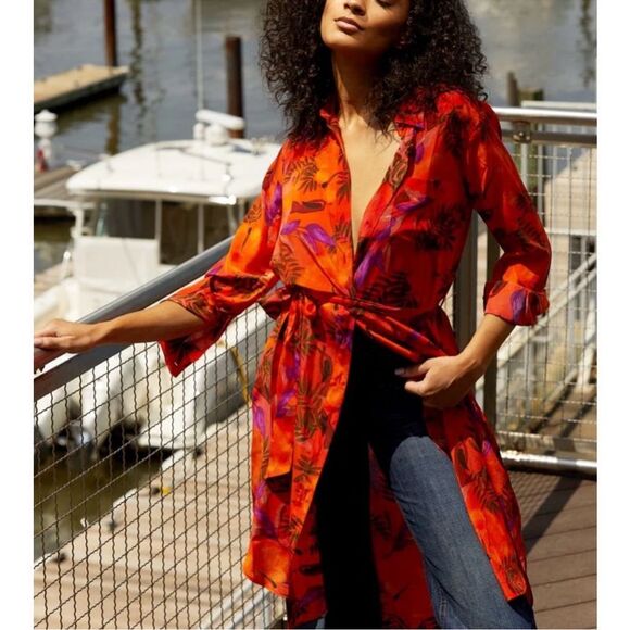 Ooshi Abstract Print Silk Button Down Shirt Dress Black size small - Picture 2 of 16